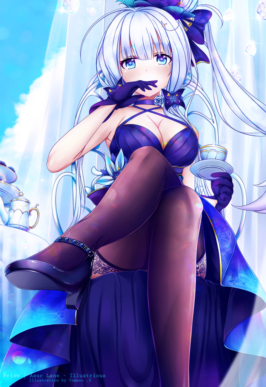1girl ahoge alternate_costume artist_name azur_lane bangs black_footwear black_legwear blue_dress blue_eyes blue_gloves blue_sky blush bow breasts character_name choker cleavage clouds covered_mouth cup dress dress_shoes elbow_gloves eyebrows_visible_through_hair flower from_below gloves hair_bow hair_ornament hair_ribbon hand_to_own_mouth high_heels highres holding_saucer illustrious_(azur_lane) lace-trimmed_legwear large_breasts legs legs_crossed long_hair looking_at_viewer low_twintails mole mole_under_eye ribbon sidelocks sitting sky sleeveless sleeveless_dress solo table teacup teapot thigh-highs thighs tress_ribbon twintails white_hair yumeno_s