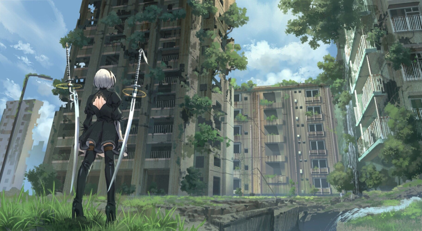 1girl android back_cutout black_dress black_footwear black_hairband boots building clouds dress feather-trimmed_sleeves floating_swords from_behind gloves hairband highres juliet_sleeves lamppost long_sleeves nier_(series) nier_automata overgrown pippi_(pixiv_1922055) post-apocalypse puffy_sleeves scenery short_hair silver_hair sky standing sword thigh-highs thigh_boots thighhighs_under_boots tree weapon yorha_no._2_type_b