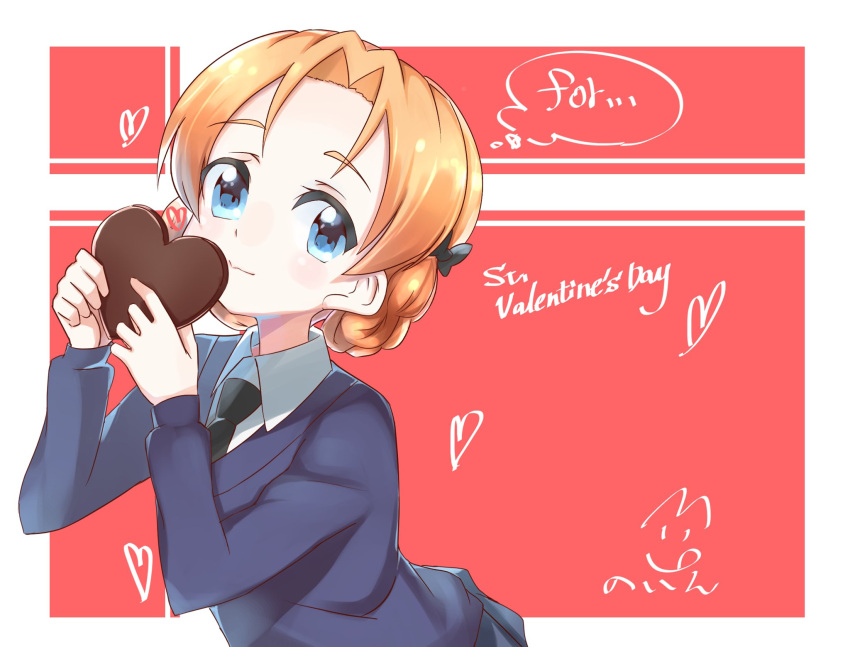 1girl artist_name bangs black_bow black_neckwear blue_eyes blue_sweater bow braid chocolate closed_mouth commentary dress_shirt english girls_und_panzer hair_bow happy_valentine heart highres holding long_sleeves looking_at_viewer necktie orange_hair orange_pekoe outside_border parted_bangs red_background school_uniform shirt short_hair signature smile solo st._gloriana's_school_uniform standing sweater tied_hair toon_(noin) twin_braids upper_body v-neck valentine white_shirt