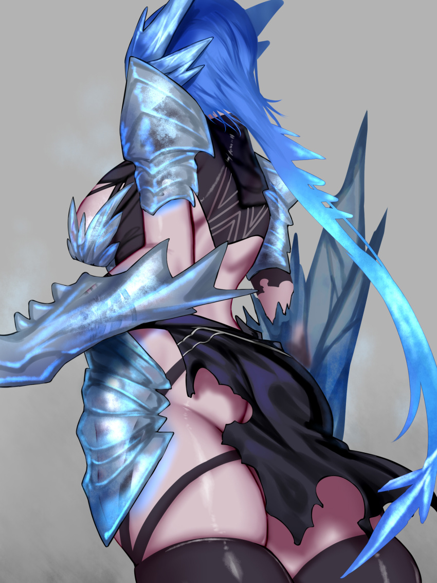 1girl absurdres armor ass backless_outfit blue_hair blue_skin breasts dragon_girl from_behind highres ice kumiko_shiba league_of_legends pauldrons shyvana thigh-highs torn_clothes vambraces