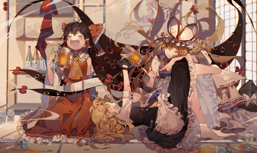 3girls ;) alcohol apron artist_name asahi_breweries ascot beer beer_can black_gloves black_hair black_hat black_skirt blonde_hair bottle bow can closed_eyes commentary_request copyright_name cup detached_sleeves dress drinking_glass drunk eyes gap gloves hair_bow hair_tubes hakurei_reimu hat hat_bow hat_removed hat_ribbon headwear_removed heart holding index_finger_raised indoors kawacy kirisame_marisa long_hair lying mob_cap multiple_girls on_back one_eye_closed open_mouth red_bow red_ribbon red_skirt ribbon ribbon-trimmed_sleeves ribbon_trim sitting skirt skirt_set smile socks spill tabard touhou vest white_bow white_dress white_hat white_legwear witch_hat yakumo_yukari yellow_neckwear