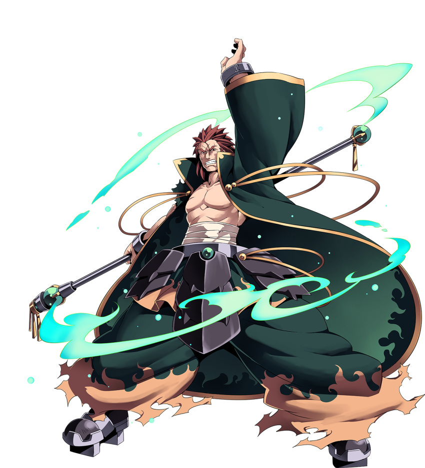 &gt;:| 1boy abs arm_up boots brown_eyes brown_hair full_body hair_between_eyes highres looking_at_viewer male_focus official_art robert_(sennen_sensou_aigis) scar sennen_sensou_aigis spiky_hair staff standing tasaka_shinnosuke thick_eyebrows wide_stance