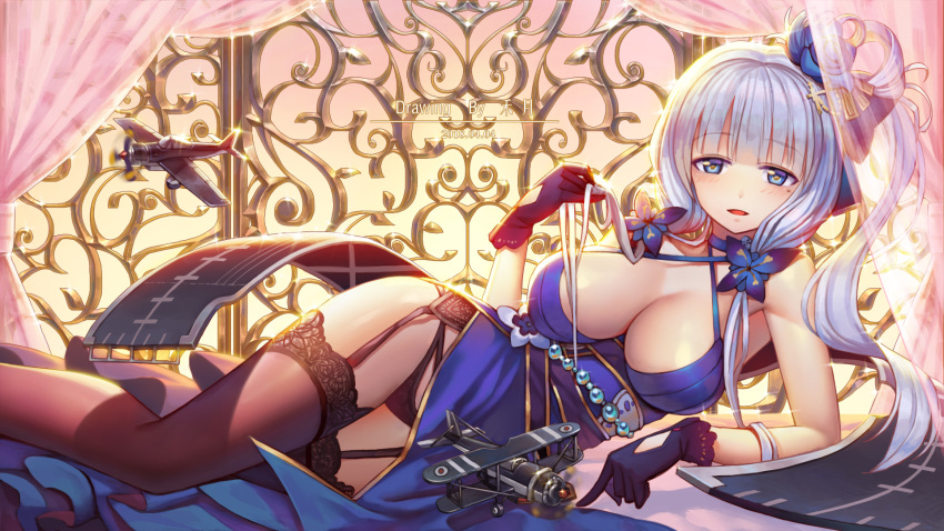 1girl :d arm_support artist_name azur_lane backlighting bangs bare_shoulders black_gloves blue_dress blue_eyes blue_flower blue_rose blunt_bangs blush breasts brown_legwear cleavage criss-cross_halter curtains dated dress evening eyebrows_visible_through_hair feet_out_of_frame flight_deck flower garter_belt glint gloves gradient_sky hair_flower hair_ornament hair_rings halterneck highres holding holding_hair illustrious_(azur_lane) large_breasts long_hair looking_at_viewer lying mole mole_under_eye motion_blur on_side open_mouth panties pantyshot pantyshot_(lying) pearl pelvic_curtain pointing propeller rose side_ponytail sidelocks silver_hair smile solo sunlight thigh-highs thighs toy_airplane transparent ttheyue underwear upskirt very_long_hair window