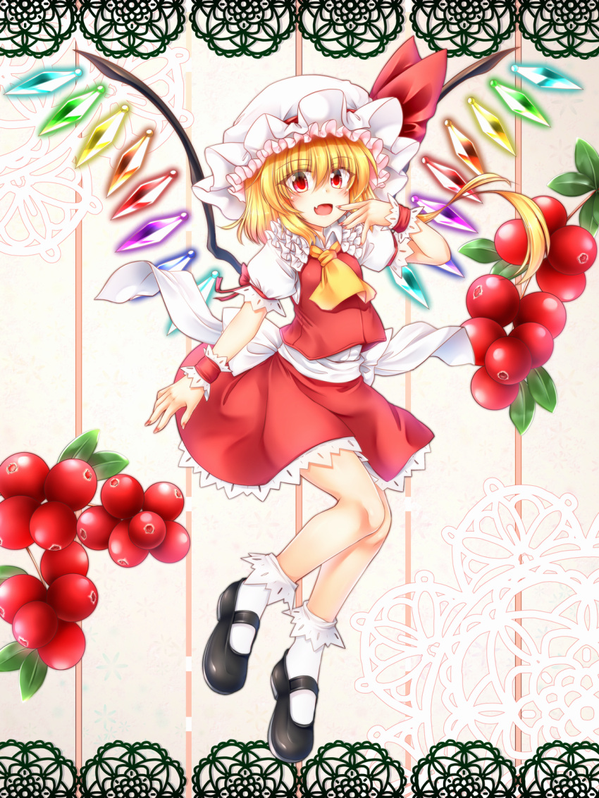1girl :d ascot bangs bent_elbow bent_knee black_footwear blonde_hair collared_shirt commentary_request cranberry eyebrows_visible_through_hair eyes_visible_through_hair fang finger_to_mouth fingernails flandre_scarlet frilled_hat frilled_legwear frilled_shirt frilled_skirt frilled_sleeves frills full_body gem hair_between_eyes hat hat_ribbon highres knees_together_feet_apart leaf long_fingernails looking_at_viewer m9kndi mary_janes medium_hair mob_cap nail_polish open_mouth pink_background puffy_short_sleeves puffy_sleeves red_eyes red_nails red_ribbon red_skirt red_vest ribbon ribbon-trimmed_sleeves ribbon_trim sash shirt shoes short_sleeves skirt smile socks solo striped striped_background tongue touhou vertical_stripes vest white_hat white_legwear white_shirt wings yellow_neckwear