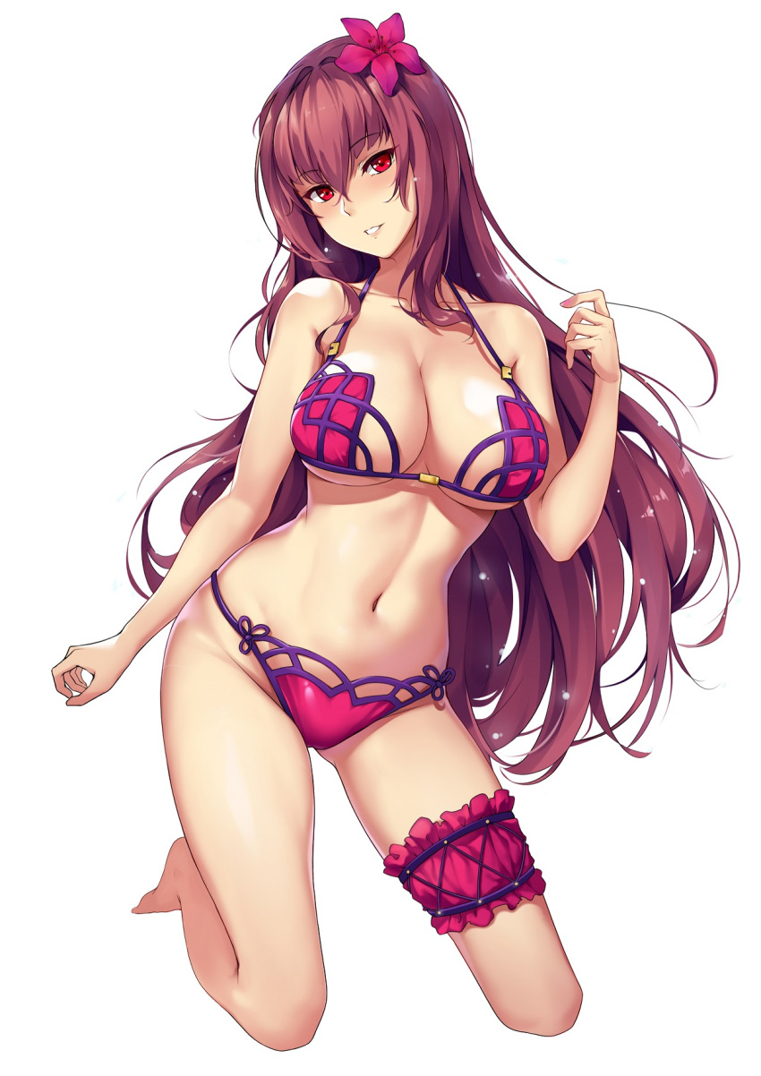 1girl bangs barefoot bikini breasts cleavage commentary_request eyebrows_visible_through_hair fate/grand_order fate_(series) flower full_body hair_flower hair_intakes hair_ornament highres large_breasts leg_garter long_hair looking_at_viewer navel parted_lips pink_bikini purple_bikini purple_hair red_eyes scathach_(fate/grand_order) scathach_(swimsuit_assassin)_(fate) simple_background solo swimsuit thigh_strap white_background yuewu_zhu_youdi