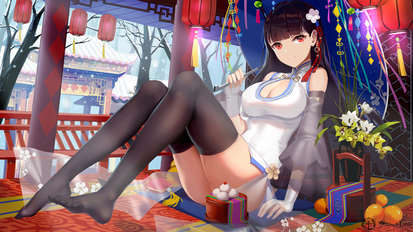 1girl arm_support azur_lane bangs bare_shoulders bare_tree black_hair black_legwear blue_umbrella blunt_bangs breasts china_dress chinese_clothes cleavage cleavage_cutout closed_mouth commentary_request copyright_name day detached_sleeves dress eyebrows_visible_through_hair fingerless_gloves fingernails flower gloves hair_flower hair_ornament hand_up holding holding_umbrella lantern large_breasts long_hair long_sleeves looking_at_viewer no_shoes oriental_umbrella outdoors paper_lantern red_eyes see-through sitting sleeveless sleeveless_dress smile snow snowing solo thigh-highs tree umbrella vase very_long_hair white_dress white_flower white_gloves wide_sleeves yat_sen_(azur_lane) yellow_flower zjsstc