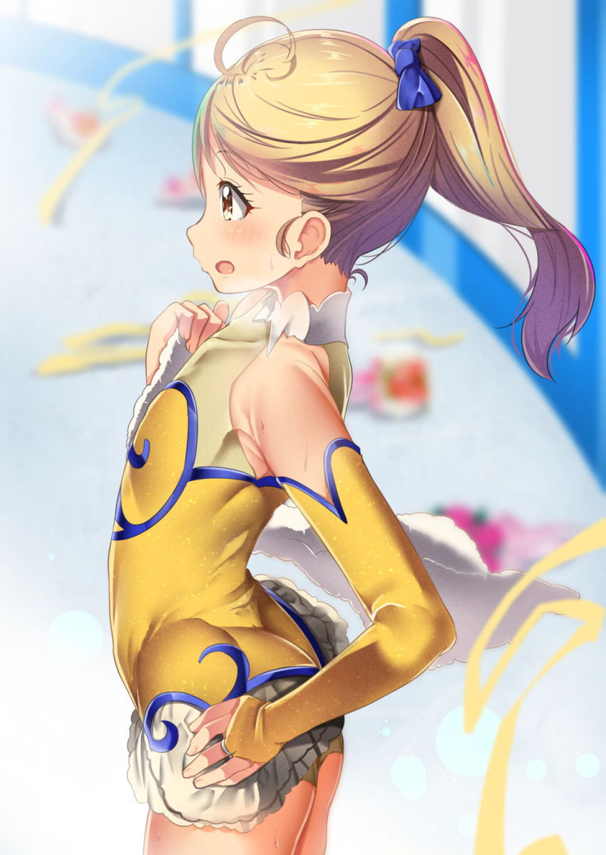 1girl antenna_hair blonde_hair blue_bow blush bow bridal_gauntlets commentary_request flat_chest hair_bow highres hugtto!_precure kagayaki_homare mad_(hazukiken) open_mouth ponytail precure profile short_hair solo standing sweat yellow_eyes