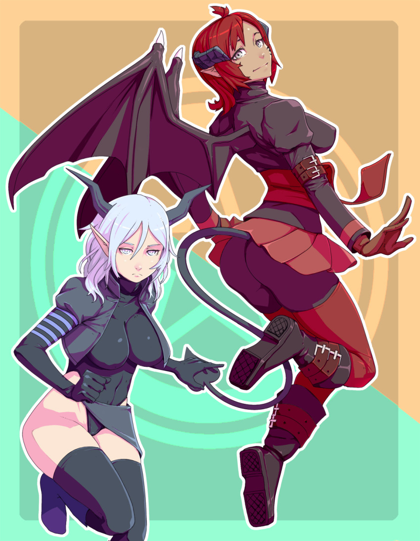 2girls arm_belt ass black_footwear black_gloves black_jacket black_legwear blue_eyes blue_hair boots breasts closed_mouth commentary commission dark_skin demon_girl demon_tail demon_wings elbow_gloves expressionless flying gloves hair_between_eyes highres jacket large_breasts leotard light_smile long_sleeves looking_at_viewer materclaws multicolored multicolored_background multiple_girls open_clothes open_jacket original pantyhose pleated_skirt pointy_ears puffy_short_sleeves puffy_sleeves red_gloves red_legwear red_skirt redhead short_hair short_sleeves skirt smile tail thigh-highs two-tone_background violet_eyes wings