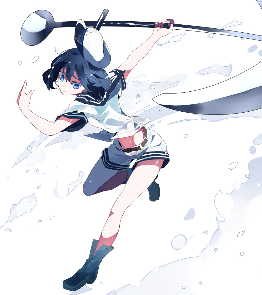 1girl absurdres anchor bare_legs belt black_hair blue_eyes boots closed_mouth commentary_request full_body hat hat_removed headwear_removed highres ikurauni midriff murasa_minamitsu sailor_collar sailor_hat shirt short_hair short_sleeves shorts solo touhou white_background white_hat white_shirt white_shorts