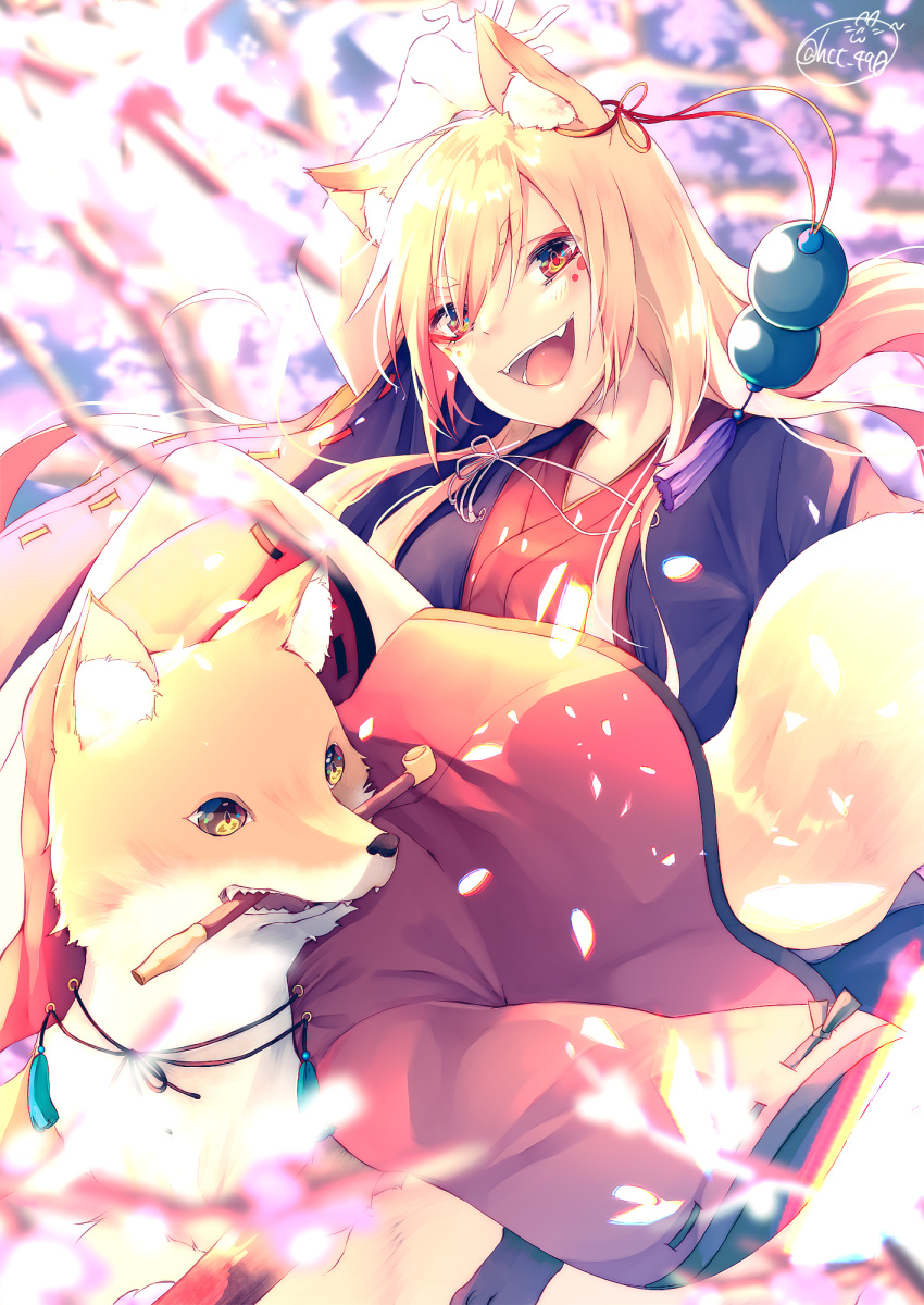 1girl animal_ears bangs blonde_hair blurry blurry_background blurry_foreground blush chita_(ketchup) commentary_request depth_of_field ear_piercing eyebrows_visible_through_hair facial_mark fangs fox fox_ears fox_girl fox_tail hair_between_eyes head_tilt highres japanese_clothes kimono kiseru long_hair long_sleeves mouth_hold original piercing pipe red_eyes red_kimono ribbon-trimmed_sleeves ribbon_trim simple_background solo tail thick_eyebrows very_long_hair wide_sleeves