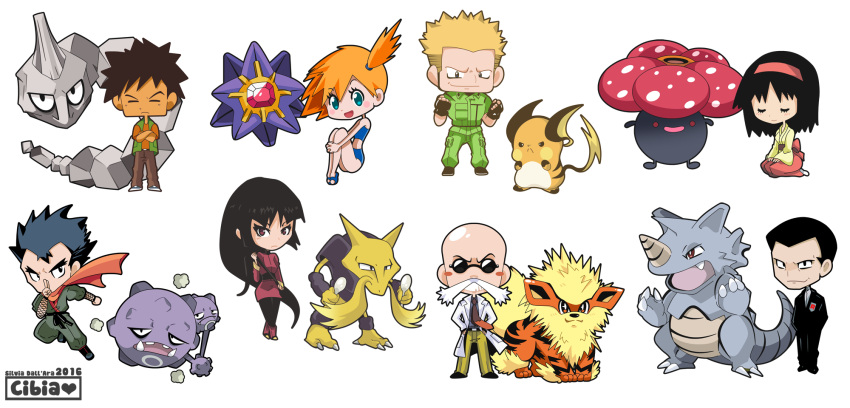 2016 3boys 5girls alakazam aqua_eyes arcanine bald bangs bikini black_eyes black_hair blonde_hair blunt_bangs brown_eyes cibia closed_eyes commentary creature crossed_arms erika_(pokemon) facial_hair gen_1_pokemon gym_leader highres holding holding_spoon japanese_clothes kasumi_(pokemon) katsura_(pokemon) kimono kyou_(pokemon) long_hair long_sleeves matis_(pokemon) medium_hair multiple_boys multiple_girls mustache natsume_(pokemon) onix orange_hair pokemon pokemon_(creature) ponytail raichu rhydon sakaki_(pokemon) seiza signature simple_background sitting spiky_hair standing starmie sunglasses swimsuit takeshi_(pokemon) tied_hair vileplume weezing white_background