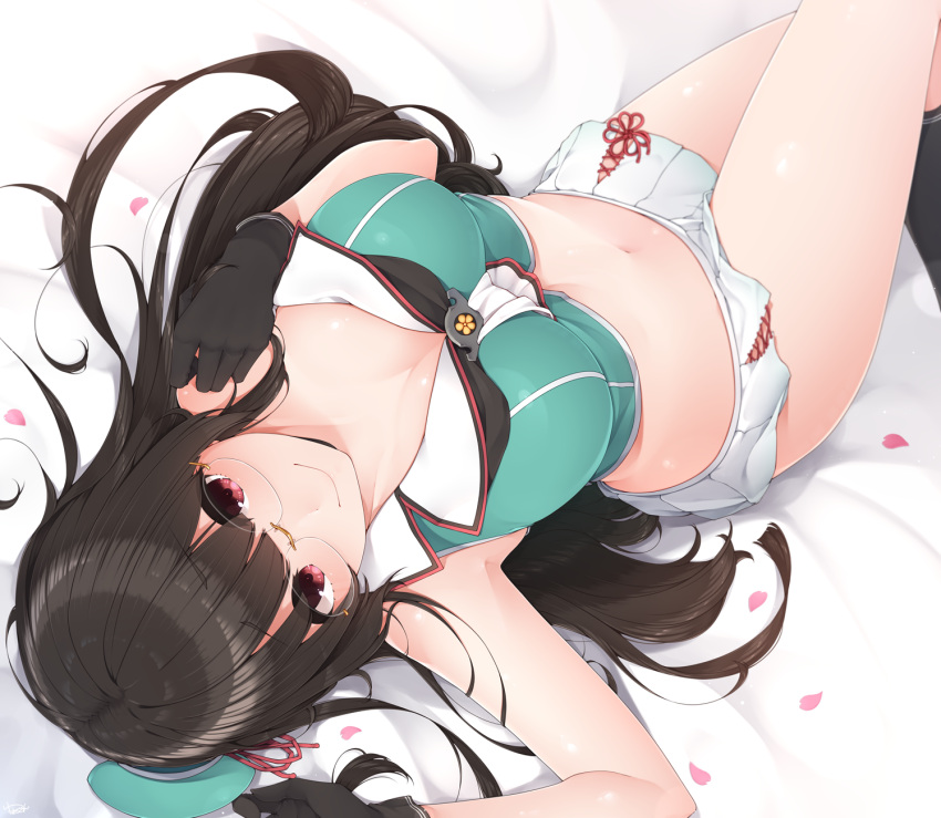 1girl arched_back armpits bangs bed_sheet black_gloves black_legwear blunt_bangs blush breasts choukai_(kantai_collection) cleavage closed_mouth eyebrows_visible_through_hair feet_out_of_frame flat_chest glasses gloves green_vest hand_on_own_chest highres kantai_collection kneehighs long_hair looking_at_viewer lying medium_breasts miniskirt navel on_back on_bed pleated_skirt red_ribbon remodel_(kantai_collection) ribbon rimless_eyewear shiny shiny_hair shiny_skin skirt smile solo stomach straight_hair tareme thigh-highs very_long_hair vest white_skirt yukichi_(sukiyaki39)