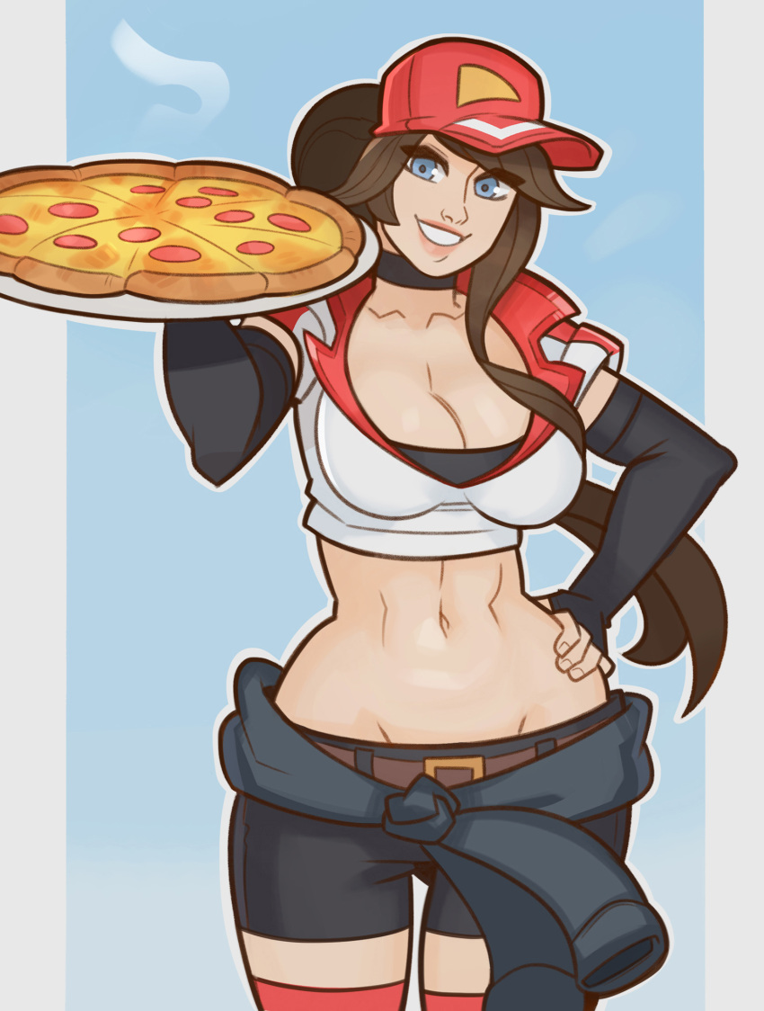 1girl blue_eyes breasts brown_hair cleavage clothes_around_waist elbow_gloves employee_uniform fingerless_gloves food gloves hand_on_hip highres league_of_legends looking_at_viewer midriff navel pizza pizza_delivery pizza_delivery_sivir ponytail short_sleeves shorts sivir smile splashbrush uniform