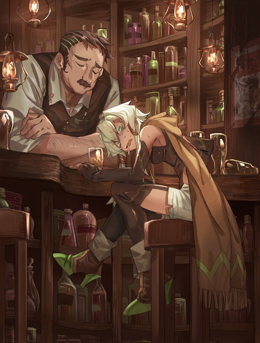 1boy 1girl arm_hair black_hair breasts brown_vest cape crossed_arms drunk elbow_gloves facial_hair garter_straps gloves green_eyes green_hair highres july_(shichigatsu) lantern mustache original saliva shorts sideboob stool sweat thigh-highs vest