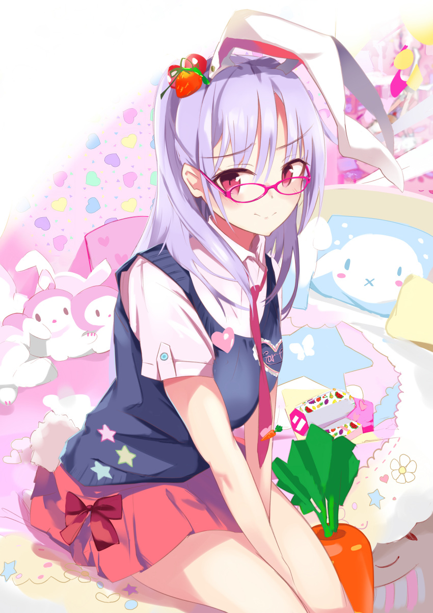 1girl absurdres alternate_costume animal_ears bare_arms bespectacled between_legs carrot closed_mouth food_themed_hair_ornament glasses hair_ornament hand_between_legs heart highres light_smile long_hair looking_at_viewer md5_mismatch miniskirt necktie pillow pink-framed_eyewear pink_eyes pink_neckwear purple_hair rabbit_ears red_skirt reisen_udongein_inaba school_uniform short_sleeves skirt solo star strawberry_hair_ornament stuffed_toy sweater_vest tetsurou_(fe+) touhou v_arms wing_collar