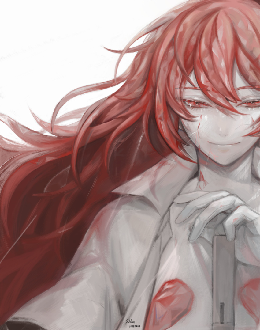 androgynous crack gem gloves highres houseki_no_kuni long_hair looking_at_viewer open_clothes open_shirt padparadscha_(houseki_no_kuni) red_eyes redhead smile sparkle upper_body