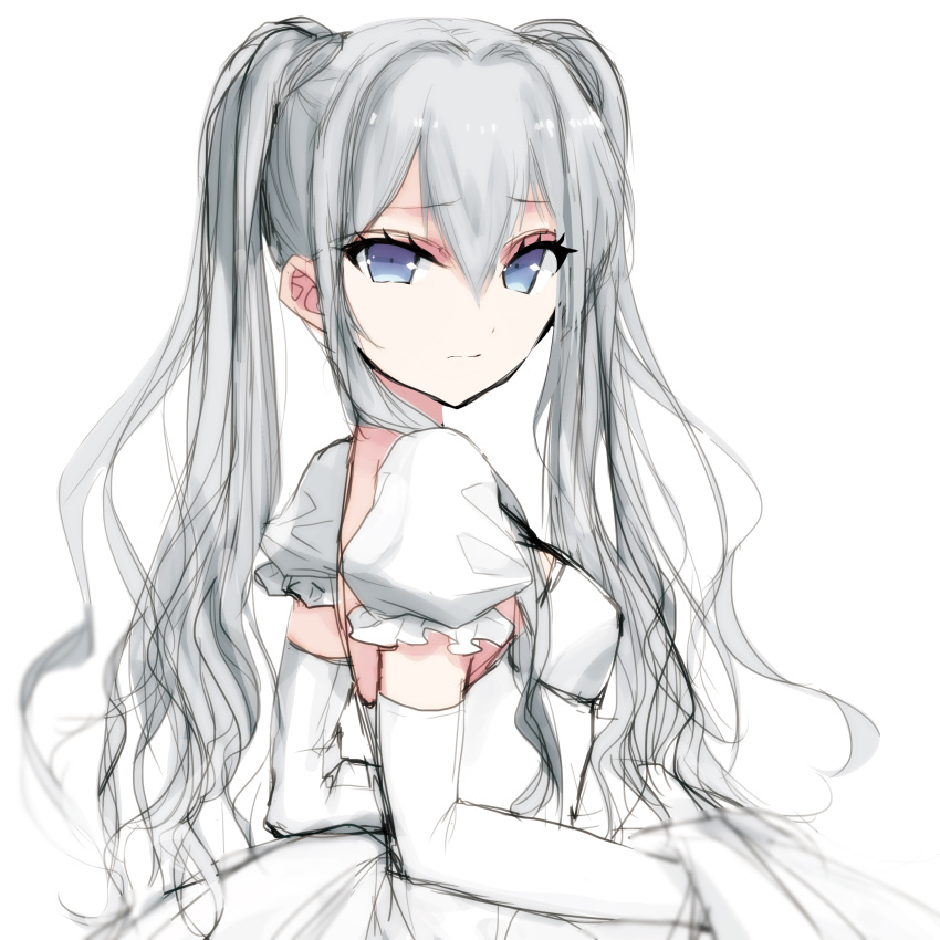 1girl absurdres bangs bent_elbow blue_eyes breasts commentary detached_sleeves dress eyebrows_visible_through_hair grey_hair hair_between_eyes highres juliet_sleeves long_hair long_sleeves looking_at_viewer misteor original puffy_sleeves solo twintails white_background white_dress