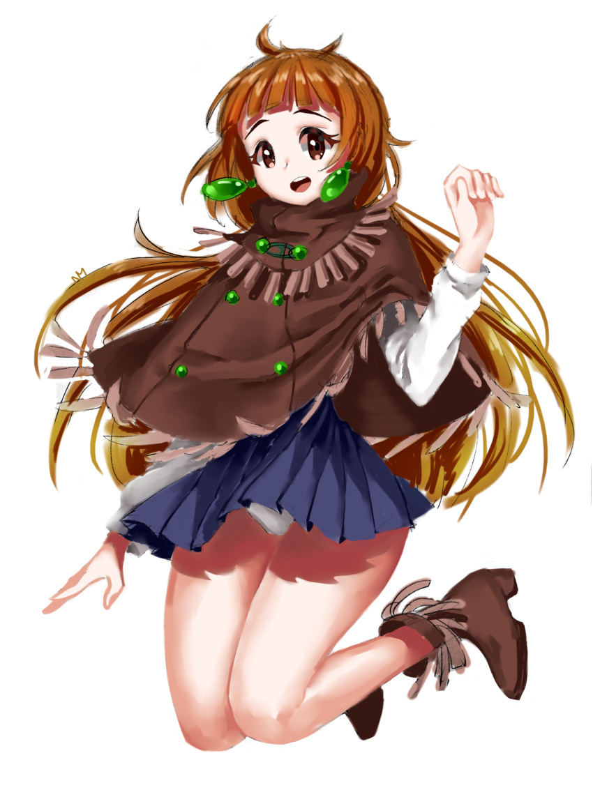1girl bangs bare_legs boots brown_hair earrings frilled_boots frilled_cloak frills gom-iuneunsoli highres jewelry jumping kemono_friends long_hair long_sleeves open_mouth orangutan_(kemono_friends) panties pantyshot pleated_skirt poncho skirt solo underwear