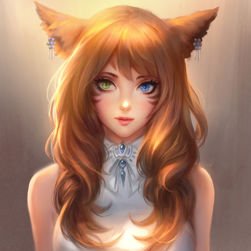 1girl animal_ears bangs bare_shoulders character_request commentary commission final_fantasy final_fantasy_xiv hair_between_eyes heterochromia highres jewelry long_hair looking_at_viewer nguyen_uy_vu open_mouth redhead simple_background solo