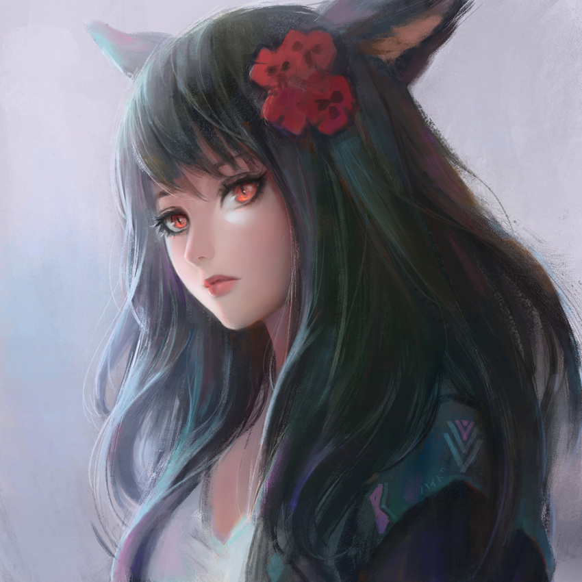 1girl animal_ears black_hair character_request closed_mouth commentary commission final_fantasy final_fantasy_xiv flower hair_flower hair_ornament highres long_hair looking_at_viewer nguyen_uy_vu red_flower simple_background solo yellow_eyes
