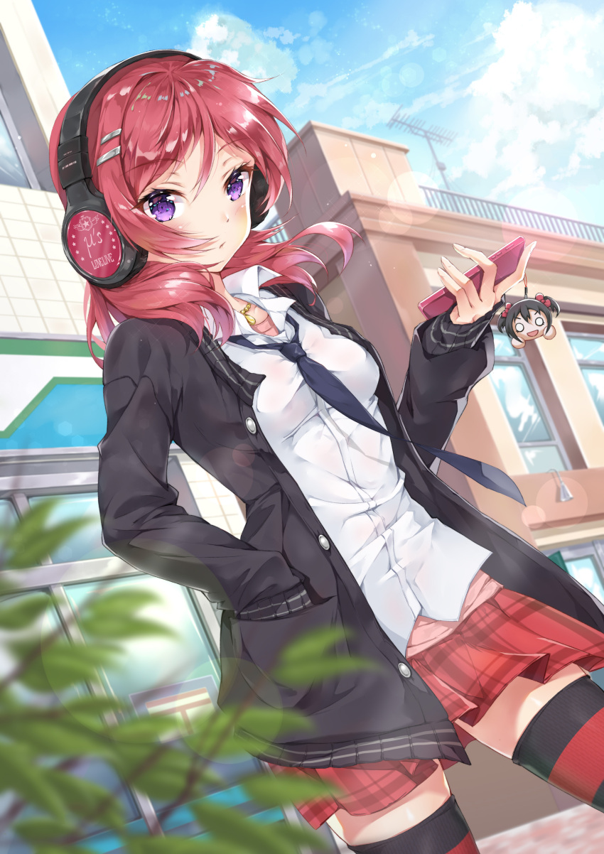 1girl absurdres black_jacket blue_neckwear bow bowtie cellphone cellphone_charm character_doll commentary_request dutch_angle hair_ornament hairclip hands_in_pockets headphones highres jacket looking_at_viewer love_live! love_live!_school_idol_festival love_live!_school_idol_project miniskirt nishikino_maki outdoors phone plaid plaid_skirt pleated_skirt red_skirt redhead school shirt skirt smartphone solo user_tugd3234 violet_eyes white_shirt yazawa_nico