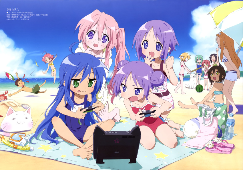 1boy 6+girls :d :p ^_^ absurdres ahoge arm_up bag ball barefoot beach beachball bikini black_hair blonde_hair blue_bikini blue_hair bottle cat cathead cherry_(lucky_star) clenched_hand closed_eyes controller crab day diving_mask dog double_bun fang feet female_swimwear food fruit glasses googles green_eyes green_hair highres hiiragi_kagami hiiragi_tsukasa iwasaki_minami izumi_konata kobayakawa_yutaka kogami_akira kusakabe_misao long_hair lucky_star male_swimwear minegishi_ayano mole mole_under_eye multiple_girls nintendo_switch nyamou ocean official_art one-piece_swimsuit open_mouth parasol patricia_martin pink_hair pink_swimsuit playing_games polka_dot purple_hair sand sandals school_swimsuit shiraishi_minoru short_hair side_ponytail sitting smile snorkle star striped striped_bikini summer swim_trunks swimsuit takara_miyuki tamura_hiyori text toes tongue tongue_out towel ueno_chiyoko umbrella video_game_console violet_eyes watermelon white_bikini