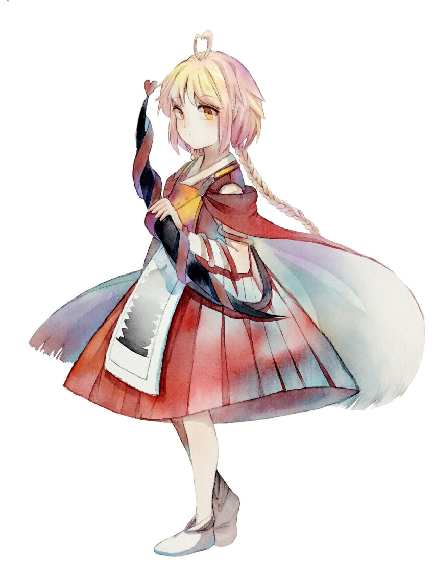 1other ahoge androgynous blonde_hair bow_(weapon) braid breastplate cape highres japanese_clothes len'en long_hair ooama_no_ake_no_mitori red_eyes solo traditional_media twin_braids watercolor_(medium) weapon