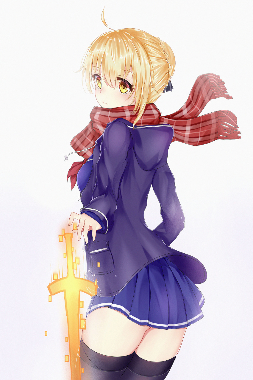 1girl absurdres ahoge artoria_pendragon_(all) bangs black_legwear blonde_hair blue_jacket blue_shirt blue_skirt blush braid breasts closed_mouth drawstring eyebrows_visible_through_hair fate/grand_order fate_(series) fringe grey_background hair_between_eyes hair_bun highres hood hooded_jacket jacket long_sleeves looking_at_viewer looking_back medium_breasts mo_ying_yu mysterious_heroine_x_(alter) neckerchief open_clothes open_jacket plaid plaid_scarf pleated_skirt red_neckwear red_skirt scarf school_uniform shirt sidelocks simple_background skirt sleeves_past_wrists solo sword thigh-highs weapon yellow_eyes