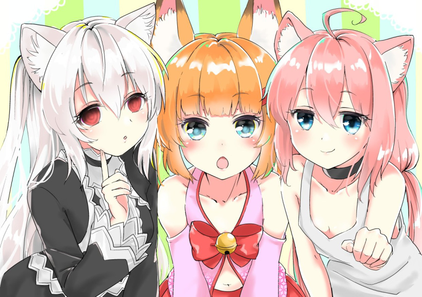 3girls ahoge animal_ears bell black_dress blue_eyes brown_hair cat_ears choker detached_sleeves dress finger_to_face fox_ears hair_ornament hairclip hinata_channel jingle_bell kemomimi_vr_channel long_hair low_twintails mikoko_(kemomimi_vr_channel) multiple_girls nekomiya_hinata nora_cat nora_cat_channel open_mouth paw_pose pink_hair pink_shirt red_eyes shirt silver_hair smile twintails two_side_up upper_body vest virtual_youtuber white_vest