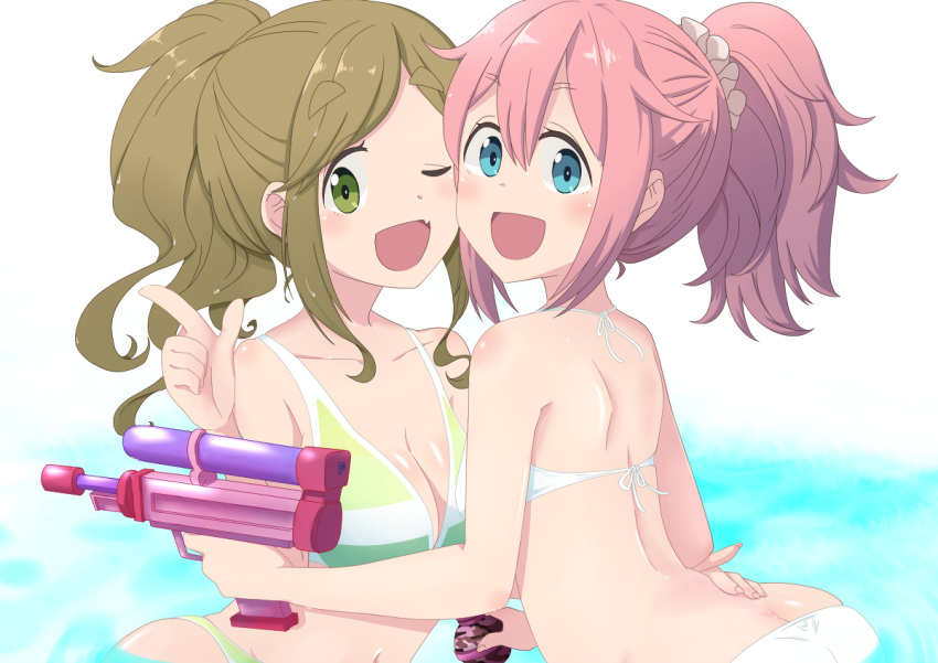 2girls :d ;d bangs bare_back bare_shoulders bikini blush breasts bright_pupils butt_crack cleavage collarbone eyebrows_visible_through_hair fang green_eyes green_hair hair_ornament hair_scrunchie hand_on_another's_back holding index_finger_raised inuyama_aoi kagamihara_nadeshiko long_hair looking_back medium_breasts multiple_girls navel nekota_susumu one_eye_closed open_mouth parted_bangs partially_submerged ponytail scrunchie shiny shiny_hair shoulder_blades sidelocks smile striped striped_bikini swimsuit tareme thick_eyebrows water water_gun white_bikini white_scrunchie yurucamp