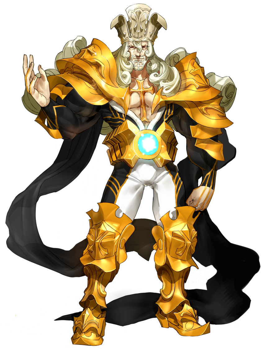 1boy alpha_transparency armor beard boots closed_mouth cross crown facial_hair fate/extella fate/extella_link fate/extra fate_(series) full_body gold_armor gold_footwear highres karl_der_grosse_(fate) long_hair male_focus pectorals smile solo transparent_background wada_aruko white_hair