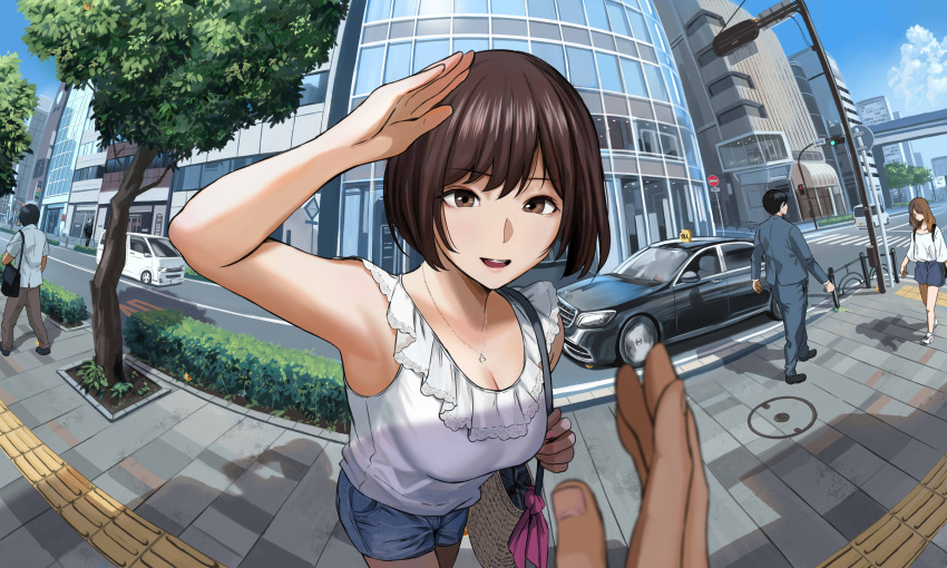 1girl :d absurdres arm_up armpits bag bare_shoulders blue_sky breasts brown_eyes brown_hair building car city cleavage clouds collarbone commentary day denim denim_shorts eyebrows_visible_through_hair facing_viewer fisheye frills ground_vehicle handbag hands highres jewelry lamppost looking_at_viewer medium_breasts motor_vehicle necklace open_mouth original outdoors pedestrian_lights purple_ribbon ribbon road road_sign salute scenery shadow shirt short_hair short_shorts shorts sidewalk sign sky sleeveless sleeveless_shirt smile street taxi tree urasuji_samurai van