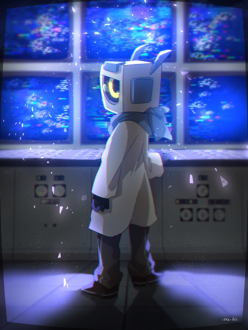 absurdres coat controller glitch gloves highres looking_at_viewer looking_back monitor na--ko oneshot_(game) particles prototype_(oneshot) scarf screen_light spoilers