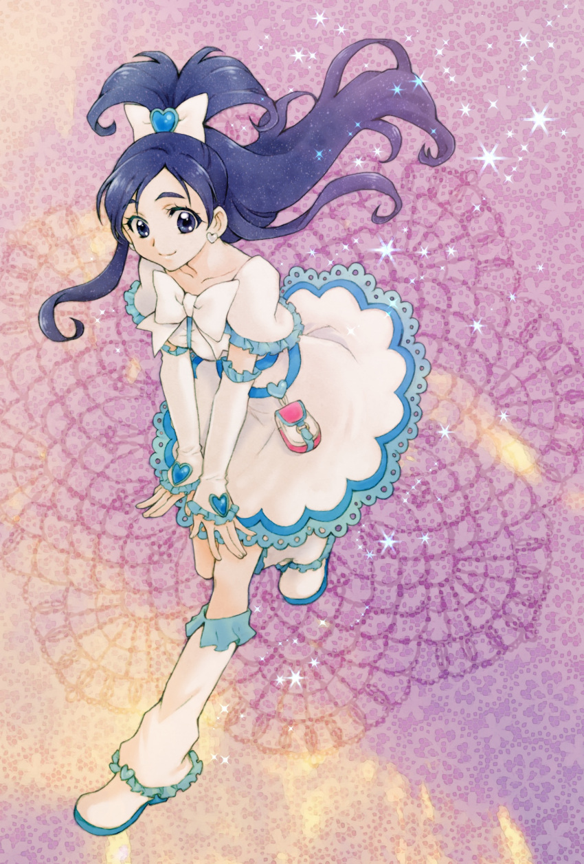 1girl abstract_background aizen_(syoshiyuki) arm_warmers black_eyes black_hair boots bow closed_mouth collarbone cure_white dress earrings full_body futari_wa_precure hair_bow hair_ornament half_updo heart heart_earrings heart_hair_ornament highres jewelry knee_boots leg_warmers long_hair looking_at_viewer magical_girl precure purple_background smile solo sparkle white_bow white_dress white_footwear yukishiro_honoka