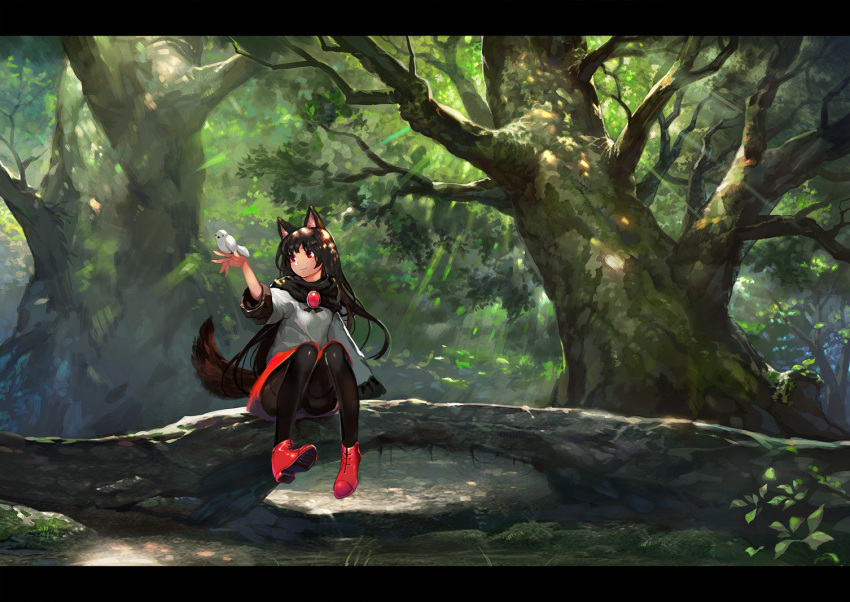 1girl animal animal_ears bird black_hair black_legwear brooch check_commentary closed_mouth commentary_request dappled_sunlight day forest hand_up imaizumi_kagerou jewelry knees_together_feet_apart light_rays miniskirt nature onion_(onion_and_pi-natto) outdoors pantyhose red_eyes red_footwear red_skirt shoes sitting skirt smile solo summer sunbeam sunlight tail touhou tree wolf_ears wolf_tail