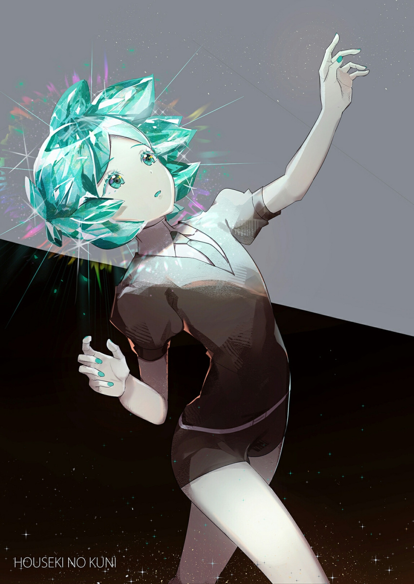 1other androgynous copyright_name gem_uniform_(houseki_no_kuni) green_eyes green_hair highres houseki_no_kuni looking_up nail_polish phosphophyllite pino_ko reaching_out short_hair sparkle