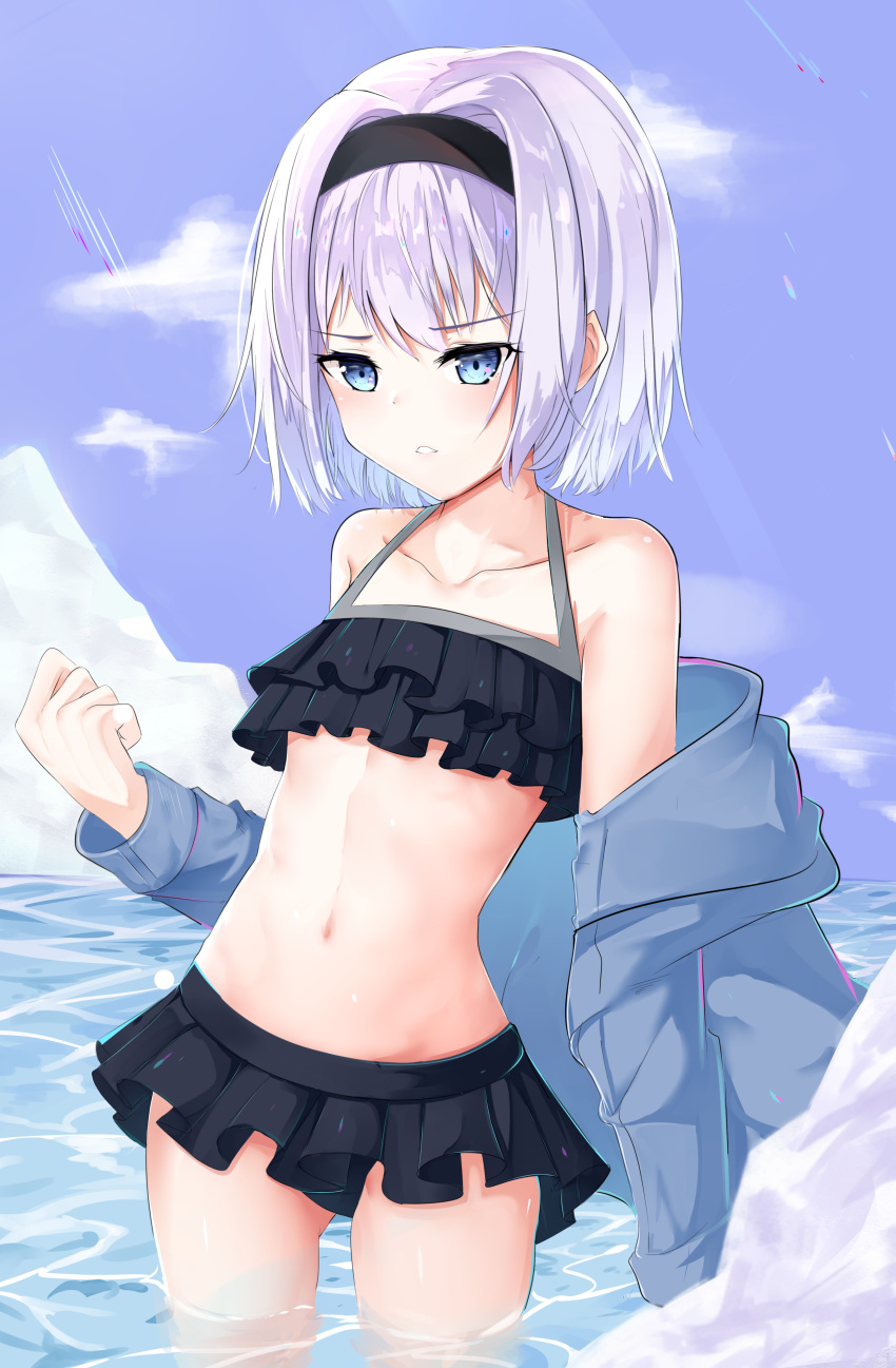 1girl absurdres bangs bare_shoulders bikini black_bikini black_hairband blue_eyes blue_jacket blue_sky blush clouds collarbone commentary_request cowboy_shot day eyebrows_visible_through_hair gluteal_fold hairband halter_top halterneck highres jacket navel off_shoulder outdoors parted_lips ryuuou_no_oshigoto! sidelocks silver_hair sky solo sora_ginko swimsuit wading water zeppeki_shoujo