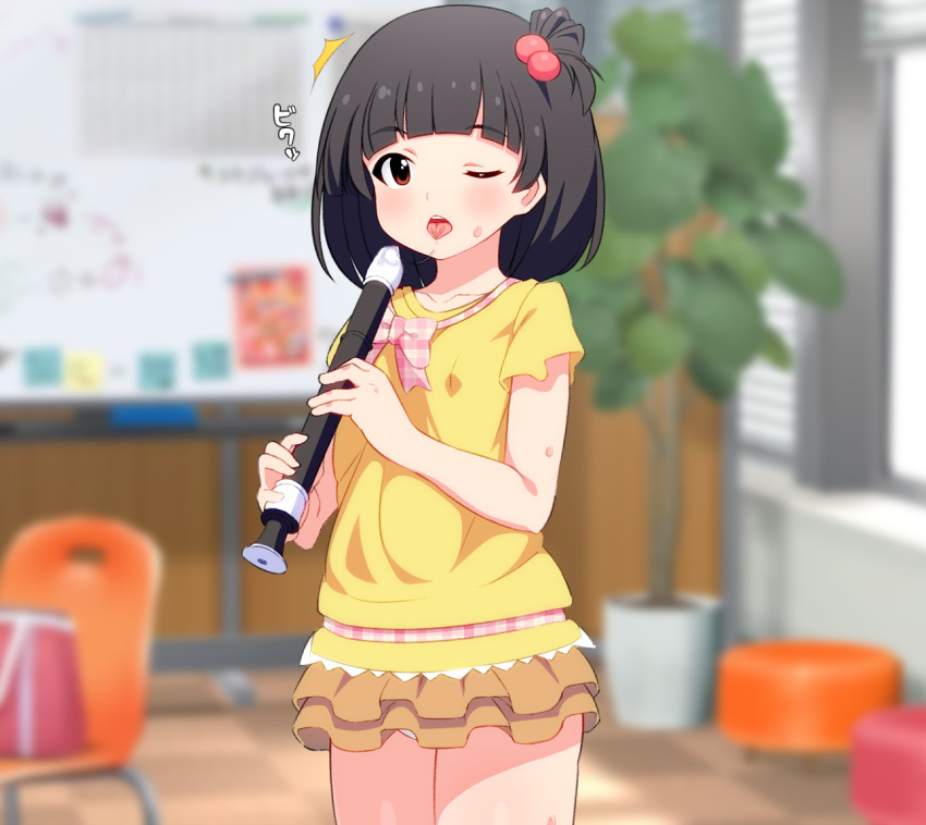 /\/\/\ 1girl bangs black_hair blinds blurry blurry_background blush brown_eyes brown_skirt chair collarbone commentary_request cowboy_shot day depth_of_field eyebrows_visible_through_hair hair_bobbles hair_ornament holding holding_instrument idolmaster idolmaster_million_live! idolmaster_million_live!_theater_days indoors instrument joutarou layered_skirt long_hair looking_at_viewer nakatani_iku one_eye_closed one_side_up panties panty_peek parted_lips plant potted_plant recorder saliva saliva_trail shirt short_sleeves skirt solo sweat tongue tongue_out tree underwear upper_teeth white_panties window yellow_shirt