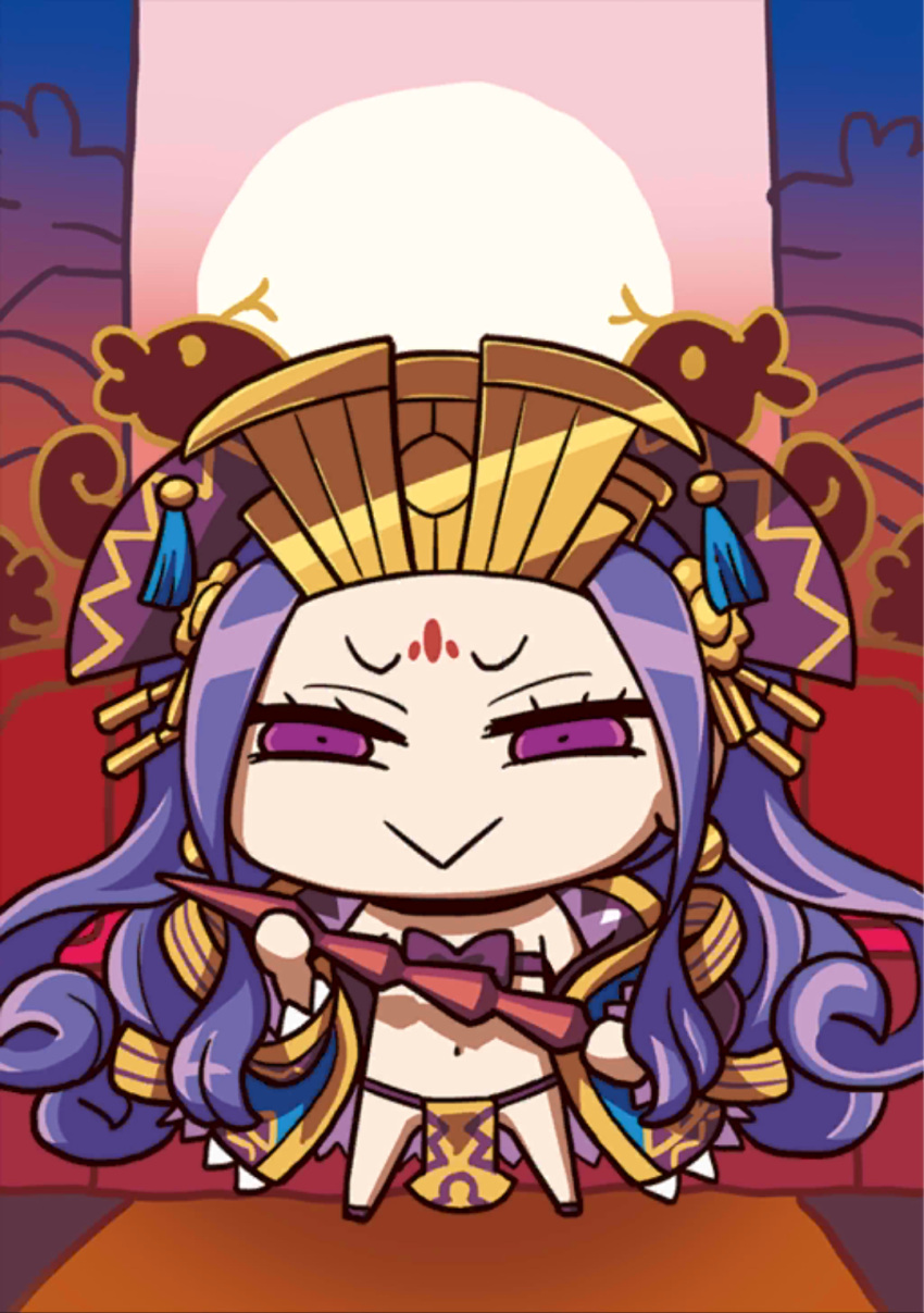 1girl :&gt; april_fools chibi facial_mark fate/grand_order fate_(series) forehead_mark headdress highres holding loincloth long_hair navel no_nose official_art purple_hair riyo_(lyomsnpmp) solo very_long_hair violet_eyes wu_zetian_(fate/grand_order)