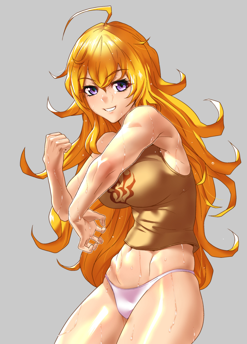 1girl :d ahoge bare_arms blonde_hair breasts cleavage don_(rg06268) flying_sweatdrops half-closed_eyes highres large_breasts long_hair looking_at_viewer messy_hair navel open_mouth panties rwby smile stomach sweat sweating sweating_profusely tank_top underwear very_long_hair violet_eyes wet yang_xiao_long