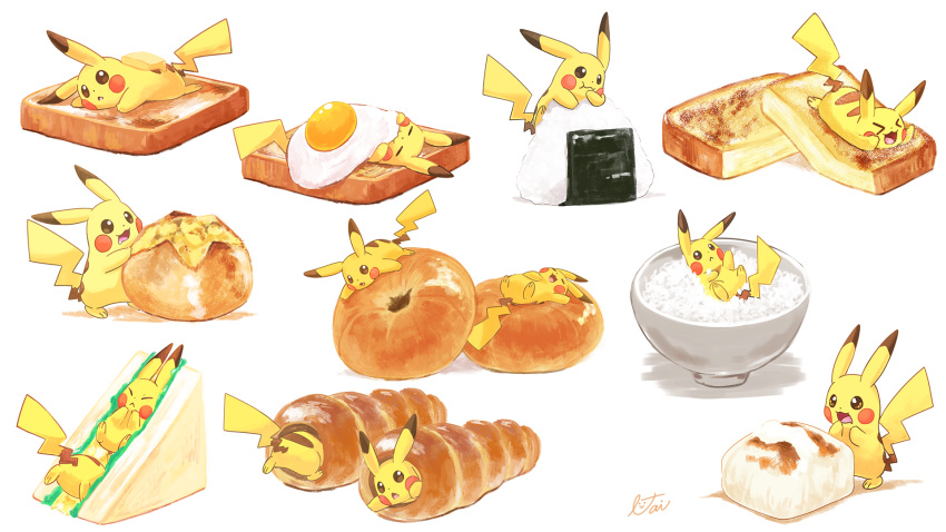 &gt;_&lt; blush_stickers butter commentary commentary_request creature eating food fried_egg gen_1_pokemon highres lai_(pixiv1814979) lying no_humans on_back on_stomach onigiri open_mouth pikachu pokemon pokemon_(creature) rice_bowl sandwich signature simple_background standing too_many too_many_pikachu white_background