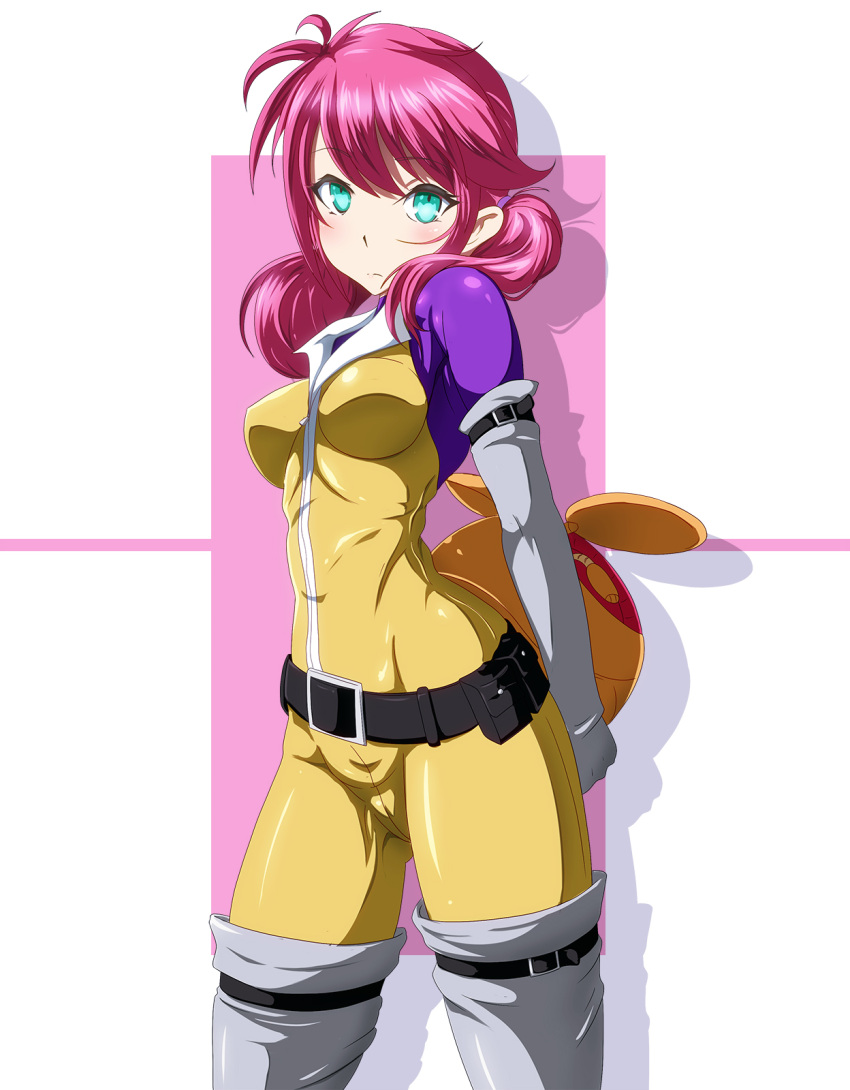 1girl aqua_eyes arms_behind_back belt bodysuit breasts breasts_apart closed_mouth commentary_request danpu elbow_gloves eyebrows_visible_through_hair feldt_grace gloves gundam gundam_00 haro highres impossible_clothes long_hair looking_at_viewer medium_breasts pink_hair shiny shiny_clothes shiny_hair shiny_skin skin_tight solo standing thigh-highs twintails white_gloves white_legwear yellow_bodysuit