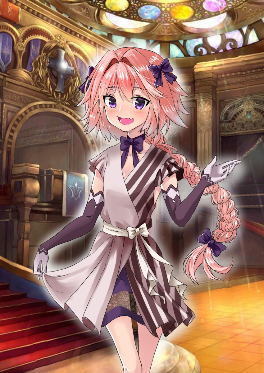 1boy :d astolfo_(fate) asymmetrical_clothes bangs black_gloves blush bow bowtie braid chinese_commentary collarbone commentary_request daya dress dress_bow elbow_gloves eyebrows_visible_through_hair fang fate/apocrypha fate/grand_order fate_(series) feet_out_of_frame flat_chest frilled_dress frilled_sleeves frills gloves hair_between_eyes hair_bow hair_intakes hand_up highres indoors long_hair looking_at_viewer male_focus multicolored_hair open_mouth pink_hair purple_bow purple_neckwear raised_eyebrows see-through short_sleeves single_braid skirt_hold smile solo standing streaked_hair thigh_gap trap two-tone_dress two-tone_hair very_long_hair violet_eyes white_bow white_hair