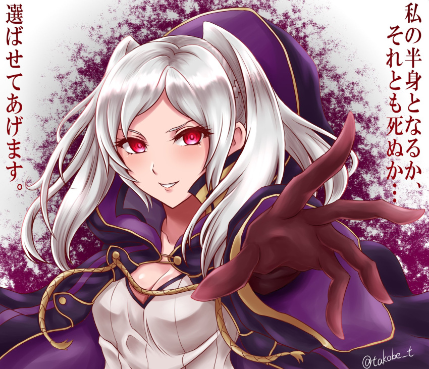 1girl cloak evil_smile female_my_unit_(fire_emblem:_kakusei) fire_emblem fire_emblem:_kakusei gimurei gloves highres looking_at_viewer my_unit_(fire_emblem:_kakusei) red_eyes smile solo takobe translation_request twintails white_hair