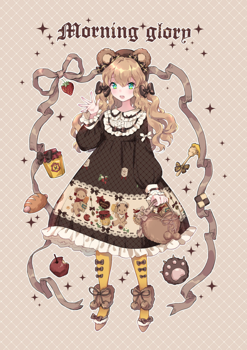 1girl absurdres animal_ears apple argyle argyle_background argyle_dress bag bangs bear_ears black_bow black_dress bow brown_footwear brown_hair center_frills checkerboard_cookie commentary_request cookie dress ear_ribbon english flats food frilled_dress frilled_shirt_collar frilled_sleeves frills fruit full_body fur-trimmed_footwear green_eyes grey_ribbon hair_bow handbag hat highres holding_bag honey_dipper honeycomb_(pattern) lolita_fashion long_sleeves open_mouth original pantyhose pigs_in_a_blanket pom_pom_(clothes) print_dress smile solo sparkle strawberry waving white_bow yellow_legwear yuzhi