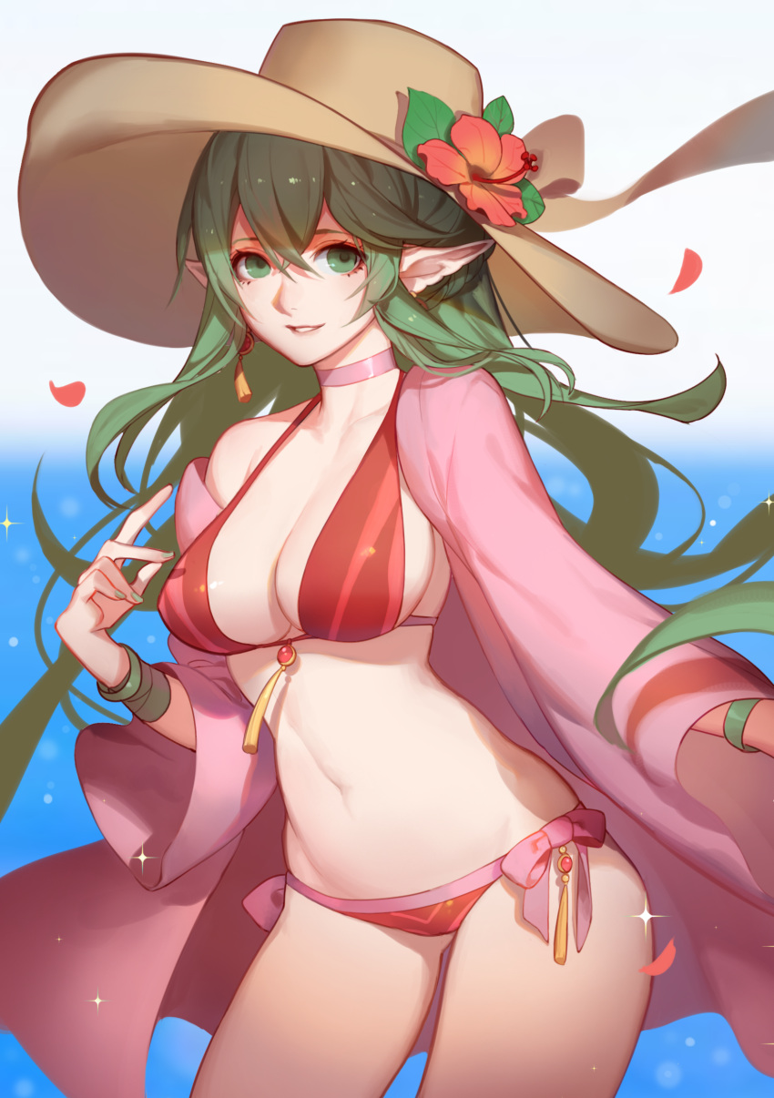 1girl absurdres bikini blurry bracelet braid breasts chiki choker cleavage cowboy_shot depth_of_field earrings fire_emblem fire_emblem:_kakusei flower gluteal_fold green_eyes green_hair hat hat_flower highres horizon jewelry large_breasts long_hair looking_at_viewer nail_polish navel outdoors paid_reward parted_lips patreon_reward petals pointy_ears red_bikini side-tie_bikini side_braid solo songjikyo sun_hat swimsuit very_long_hair