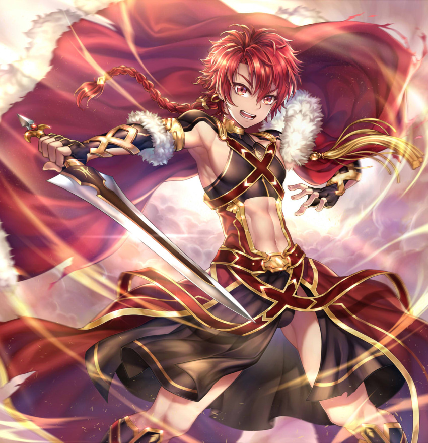 1boy abs alexander_(fate/grand_order) armlet armpits bangs black_footwear black_gloves boots bracer braid bulge cape clouds collarbone earrings elbow_gloves fate/grand_order fate_(series) fighting_stance fingerless_gloves fingernails floating_hair fur-trimmed_cape fur-trimmed_gloves fur_trim glint gloves gold_trim hair_between_eyes hair_ornament hand_up highres holding holding_sword holding_weapon hoop_earrings jewelry knee_boots legs_apart long_hair looking_at_viewer male_focus motion_blur muscle nasaniliu navel_cutout open_mouth outstretched_arm parted_bangs red_belt red_cape red_eyes redhead shiny shiny_hair single_braid solo standing sword tassel v-shaped_eyes waist_cape weapon wind