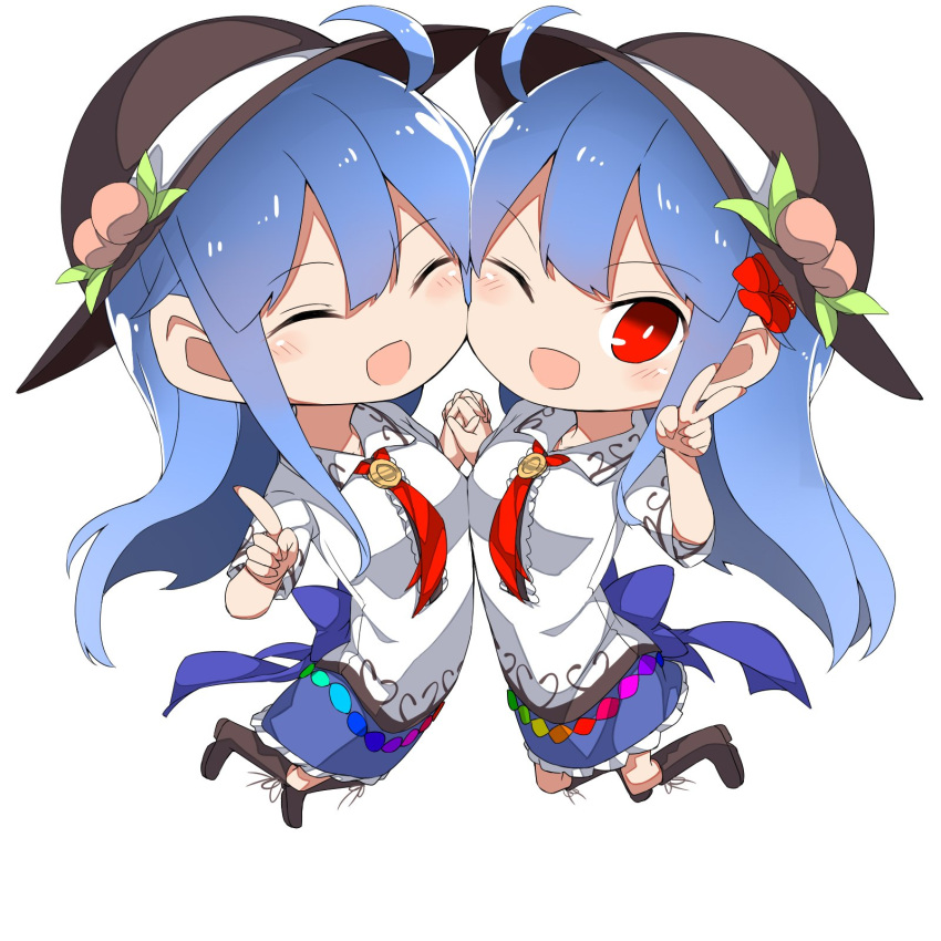 2girls :d ;d ^_^ bangs bent_knees black_hat blue_hair blue_skirt boots brown_footwear center_frills cheek-to-cheek clone closed_eyes collared_shirt ear eyebrows_visible_through_hair fingernails food frilled_skirt frills from_side fruit full_body hands_up hat hat_ribbon highres hinanawi_tenshi index_finger_raised interlocked_fingers knee_boots leaf long_fingernails long_hair looking_at_viewer multiple_girls neropaso one_eye_closed open_mouth peach rainbow_order red_eyes red_neckwear ribbon shirt short_sleeves simple_background skirt smile touhou v white_background white_ribbon white_shirt