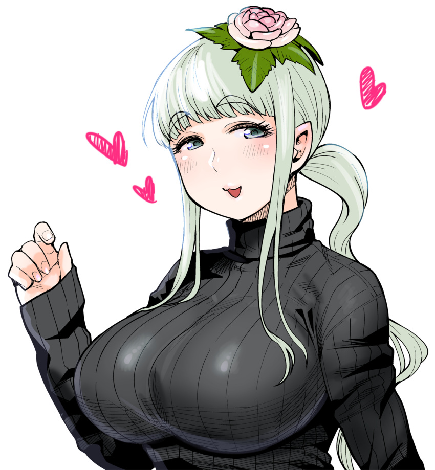 1girl :3 blue_eyes breasts character_request elf-san_wa_yaserarenai. eyebrows_visible_through_hair flower green_hair hair_flower hair_ornament heart highres huge_breasts long_hair looking_at_viewer ribbed_sweater simple_background smile solo sweater synecdoche thick_eyebrows turtleneck turtleneck_sweater white_background