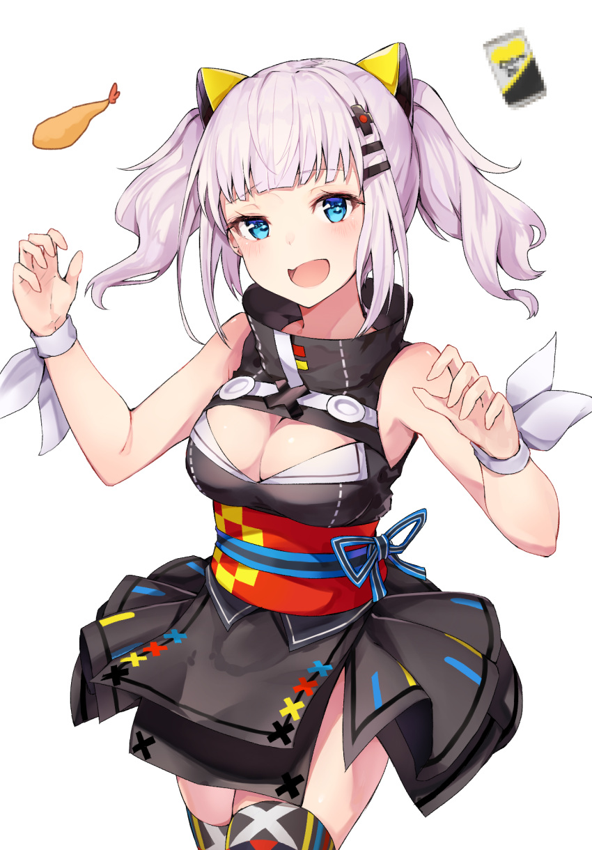 1girl :d bangs bare_shoulders black_cola black_dress blue_eyes blush breasts can censored cleavage cleavage_cutout cowboy_shot dress eyebrows_visible_through_hair food hair_ornament hairclip highres kaguya_luna kaguya_luna_(character) large_breasts mosaic_censoring obi open_mouth sash sidelocks silver_hair simple_background sleeveless sleeveless_dress smile solo tempura thigh-highs twintails white_background